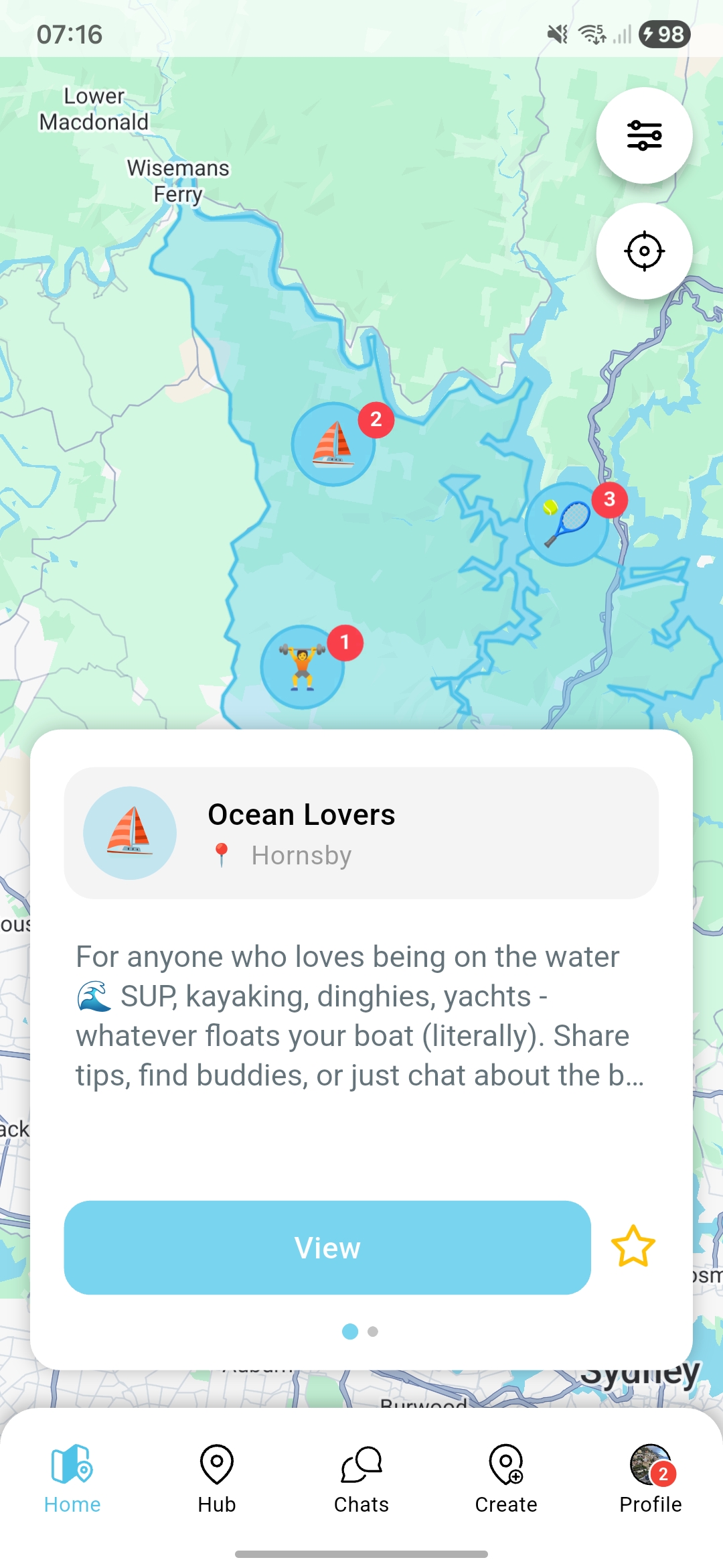 Map showing nearby communities with popup